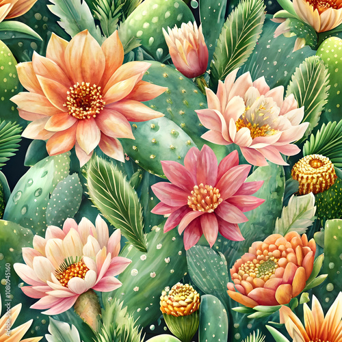 Delicate Cactus Flower Seamless Pattern with Vibrant Blooms. Perfect for: Spring celebrations, botanical events