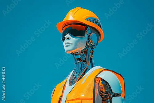 Robotic construction worker in orange hard hat and high-visibility vest on blue background. Portrait of futuristic AI assistant in industrial engineering photo