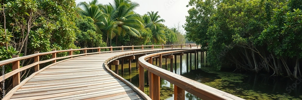 Fototapeta premium A wooden bridge winding through a lush mangrove forest being restored, habitat, carbon sequestration, green