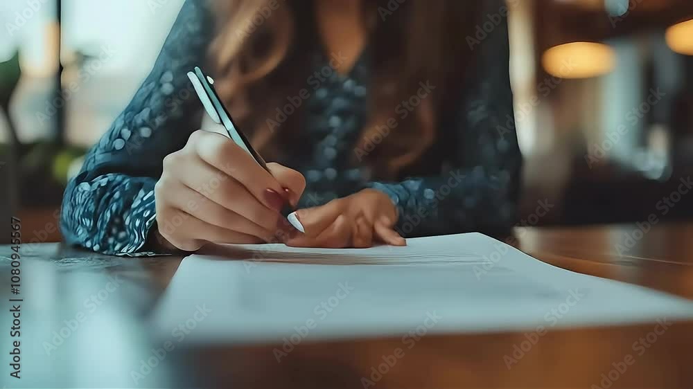 Close-up of a woman writing with a pen on a document in a cozy workspace.