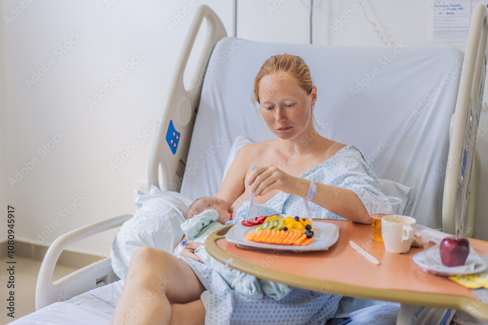 A woman breastfeeds her baby in the hospital while simultaneously having lunch herself. This moment of multitasking illustrates the balance between motherhood and self-care, emphasizing maternal