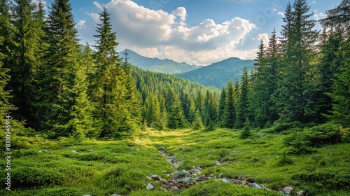 Fototapeta Naklejka Na Ścianę i Meble -  Healthy green trees in a forest with old spruce, fir, and pine for natural beauty.
