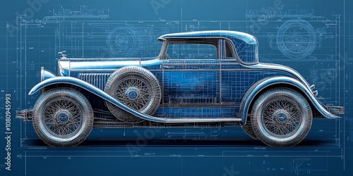 Side view of a vintage blue car with a blueprint background.