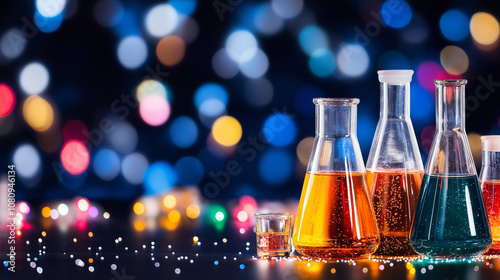 Colorful Chemistry: Erlenmeyer Flasks and beakers filled with vibrant liquids sit against a bokeh background of colorful lights. photo