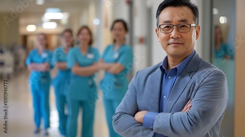 Confident Medical Professional in Scrubs with Supportive Nursing Team in a Modern Hospital Environment, Showcasing Leadership and Teamwork in Healthcare Settings