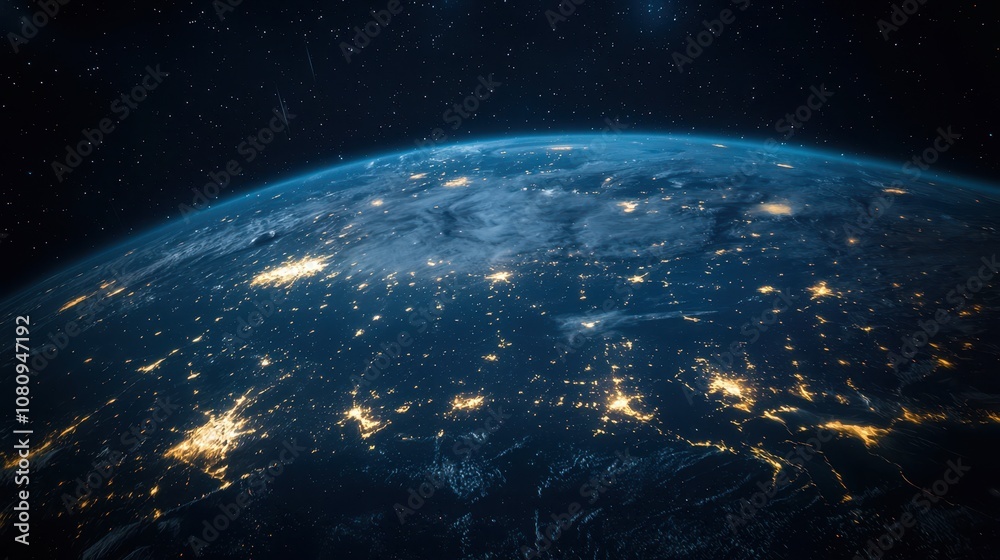 Obraz premium Nightly planet Earth in outer space with visible civilization elements.