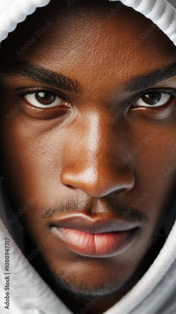 A young man wearing a hoodie stares intently at the camera A young man wearing a hoodie stares intently at the camera