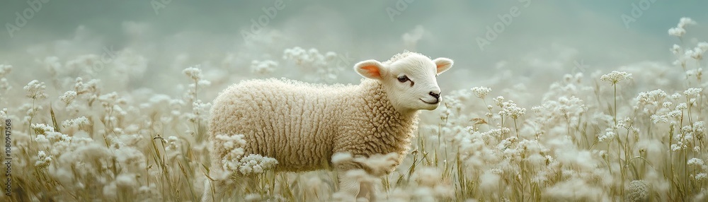 Fototapeta premium Playful lamb grazing in meadow nature photography serene environment close-up view animal concept