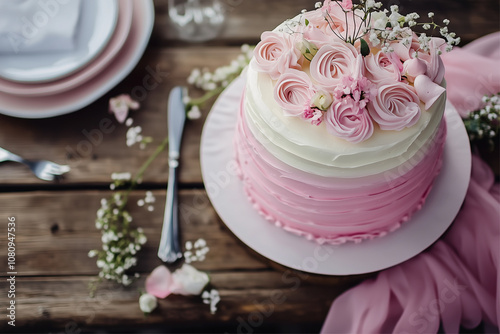 A beautifully layered pink cake topped with intricate floral decorations.