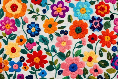 Colorful floral embroidery on fabric as background, closeup.