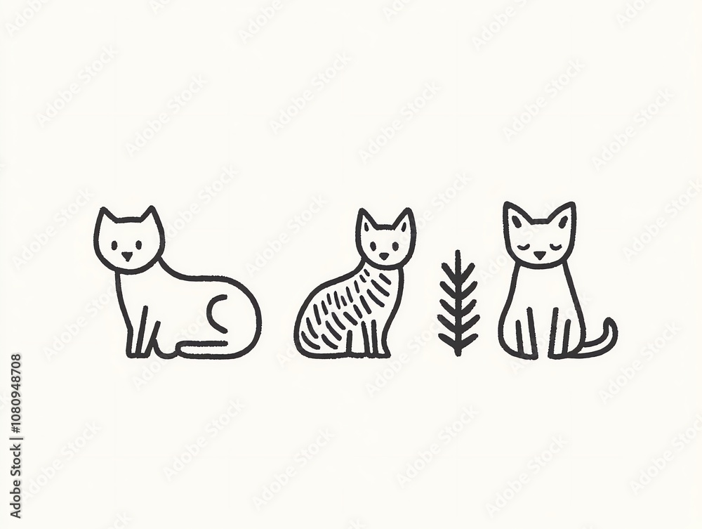 Three cute outline cats in a row with a stylized plant in the middle. Three cute outline cats in a row with a stylized plant in the middle.