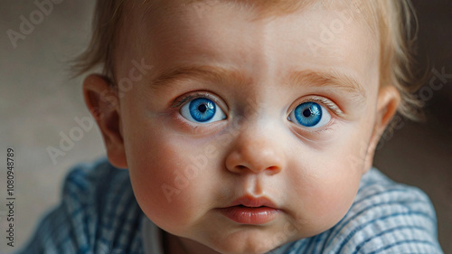 A close-up portrait of a baby with a big blue eyes