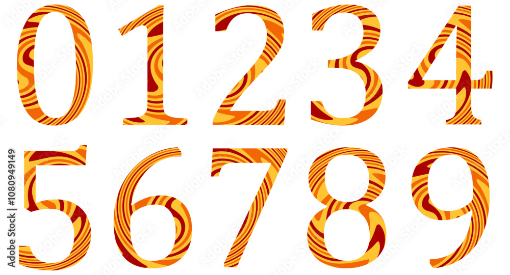 Set of colorful numbers with wavy pattern isolated on white. Alphabet with numbers. Vector graphic elements for design. Abstract pattern with lines. Red, orange, yellow