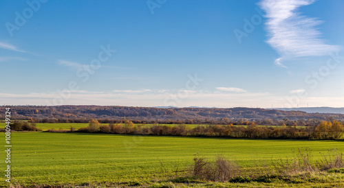 A bright blue sky and an autumn green field create a beautiful scenery in the countryside