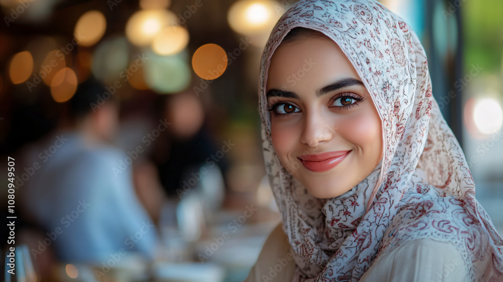 Happy muslim woman in hijab, smiling and having a great time at a restaurant Happy muslim woman in hijab, smiling and having a great time at a restaurant