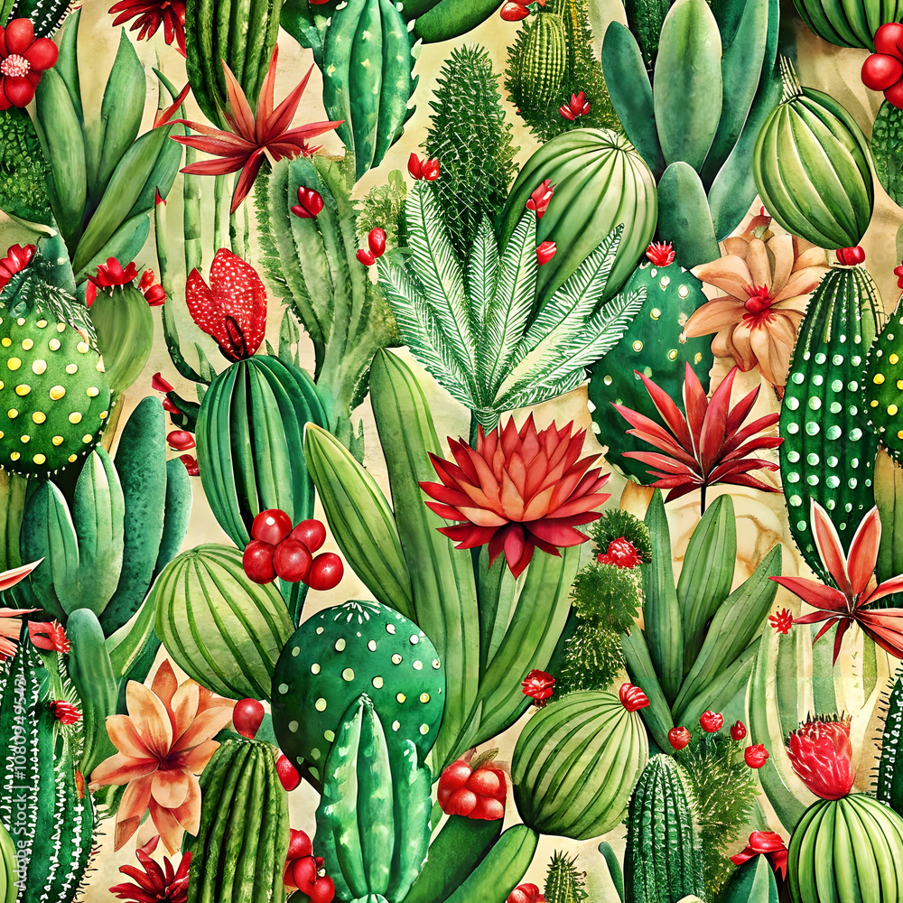 Obraz premium Hand-Drawn Cactus and Succulent Seamless Pattern with Vibrant Colors. Perfect for: Nature festivals, botanical gardens