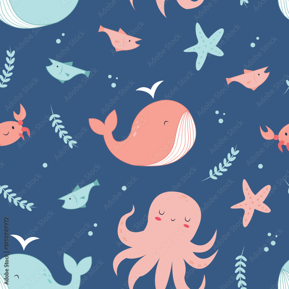 Cute Sea Creatures Seamless Vector Pattern Cute Sea Creatures Seamless Vector Pattern