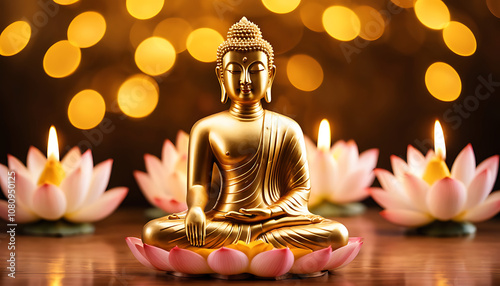 Thai golden Buddha statue and lotus flower. heaven background