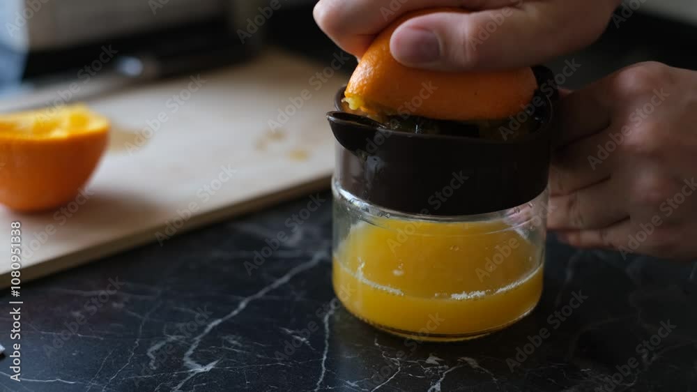 woman squeezing orange juice with a hand juicer