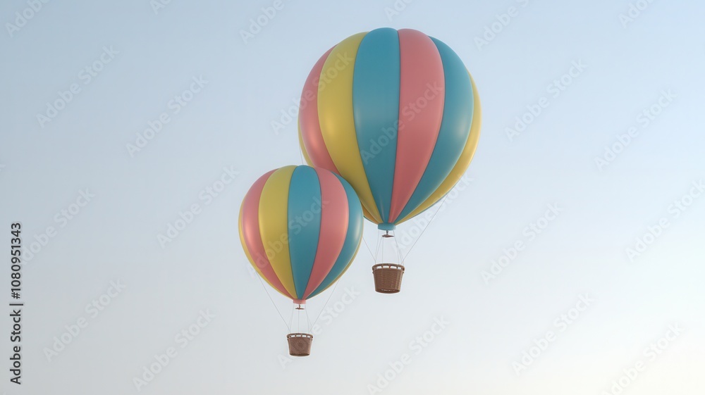 Obraz premium Two colorful hot air balloons float against a clear sky, showcasing vibrant stripes of pastel colors.
