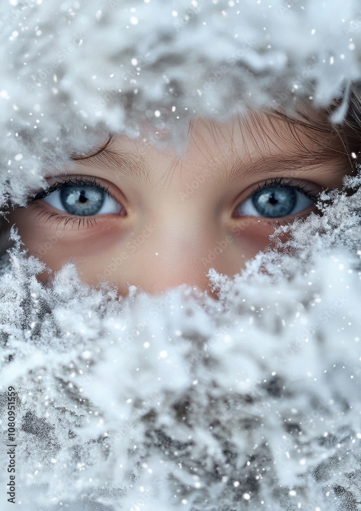 A child with blue eyes is hiding behind a snow pile A child with blue eyes is hiding behind a snow pile