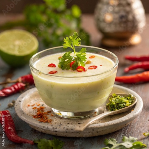 Refreshing Leche de Tigre in a Light Glass Bowl, Paired with Fresh Coriander and Red Chili for a Zesty Peruvian Appetizer, Captured in Soft, Bright Light