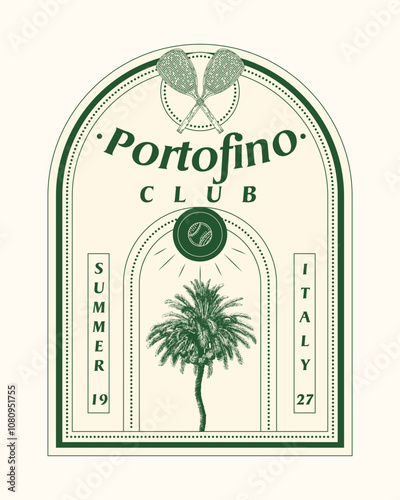 logo slogan graphic, retro tennis with racket, ball and laurel. city portofino italy caribbean, Country club summer SS24 tennis crest sport