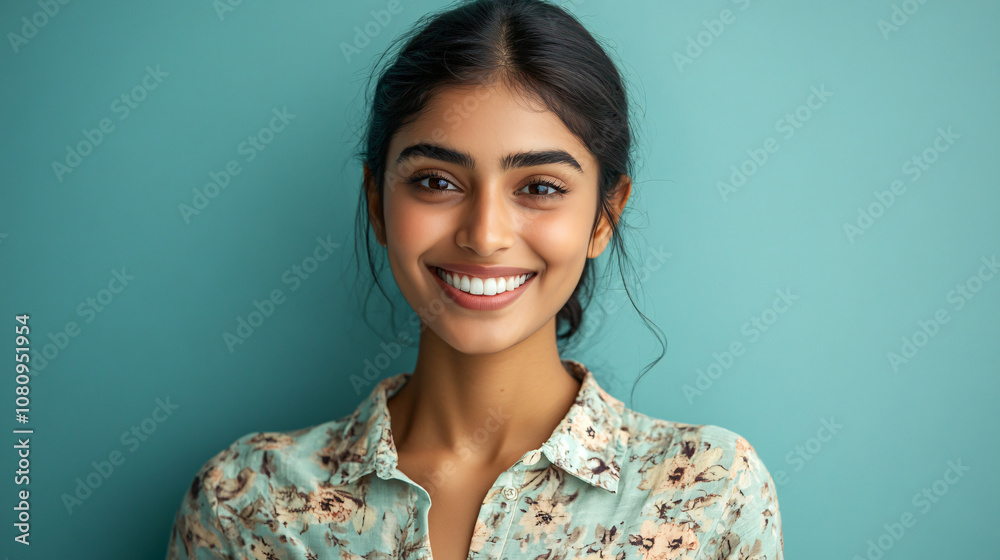 Portrait of a cheerful young indian woman with perfect white teeth smiling on a turquoise background Portrait of a cheerful young indian woman with perfect white teeth smiling on a turquoise background