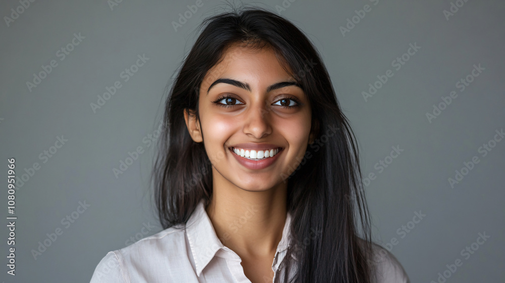 Headshot of a cheerful indian businesswoman smiling on a gray background, showing her perfect teeth Headshot of a cheerful indian businesswoman smiling on a gray background, showing her perfect teeth