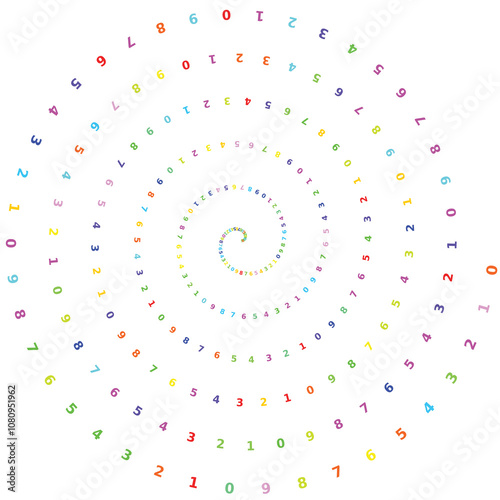 numbers from zero to nine in random colors arranged along a spiral line on white photo