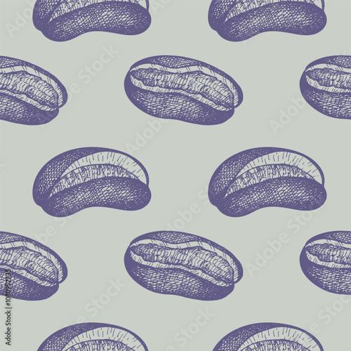 Vector engraved seamless pattern with fruits of Akebia seeds, flowers. Hand drawn repeating background with exotic Asian plant chocolate vine Acacia. Food, drink, ingredient. Design for label, textile