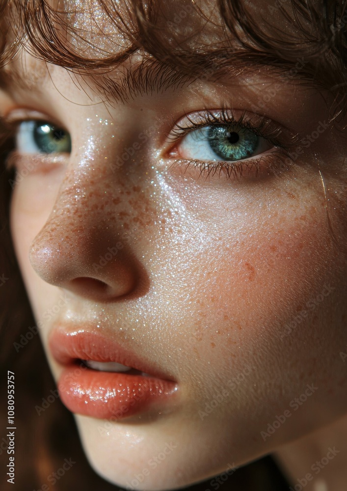 A woman with green eyes and a puffy nose A woman with green eyes and a puffy nose