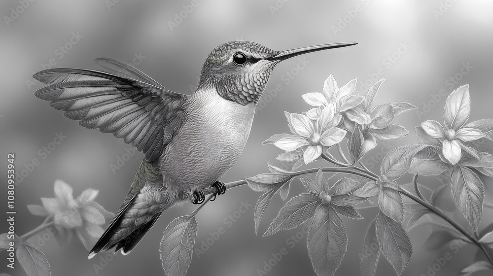 Fototapeta premium A delicate hummingbird perches on a branch, its wings spread wide, 