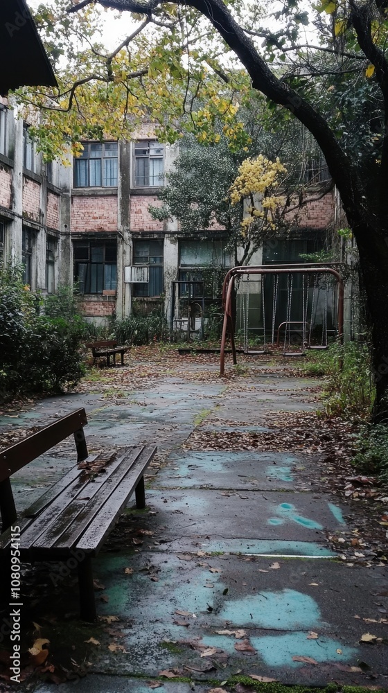Obraz premium Neglected school courtyard, cracked concrete path, overgrown with weeds, broken swings, empty benches, faded remnants of childhood, abandoned outdoor school space