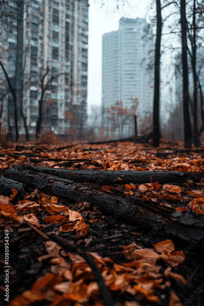 A foggy landscape features fallen leaves and bare trees alongside modern buildings, creating a contrast between nature and urbanization. A foggy landscape features fallen leaves and bare trees alongside modern buildings, creating a contrast between nature and urbanization.