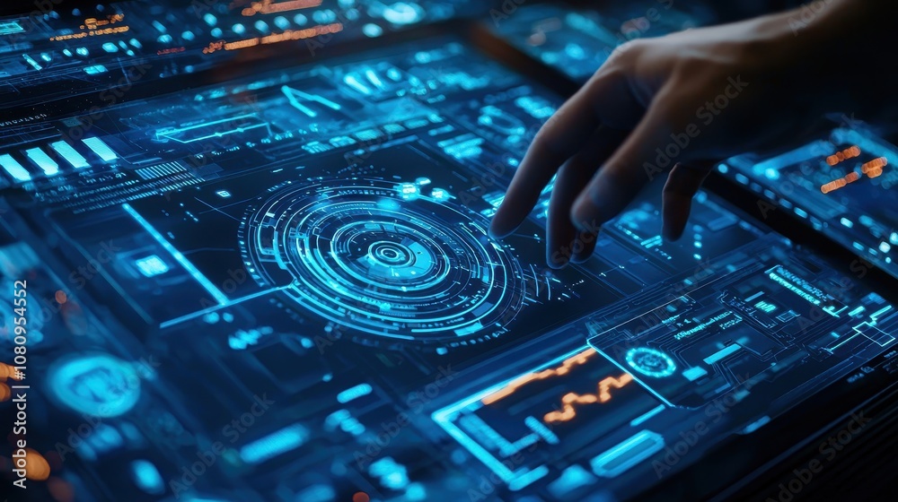 Touchscreen interface with interactive elements for technology and digital themes. Touchscreen interface with interactive elements for technology and digital themes.