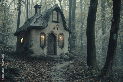 Mystical old house stands in a gloomy forest, illuminated by lanterns and surrounded by mist