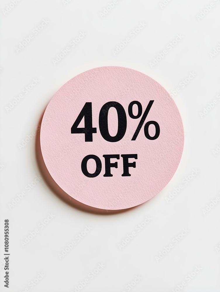Black '40% OFF' Text on a Blush Round Paper Note. White Background Black '40% OFF' Text on a Blush Round Paper Note. White Background
