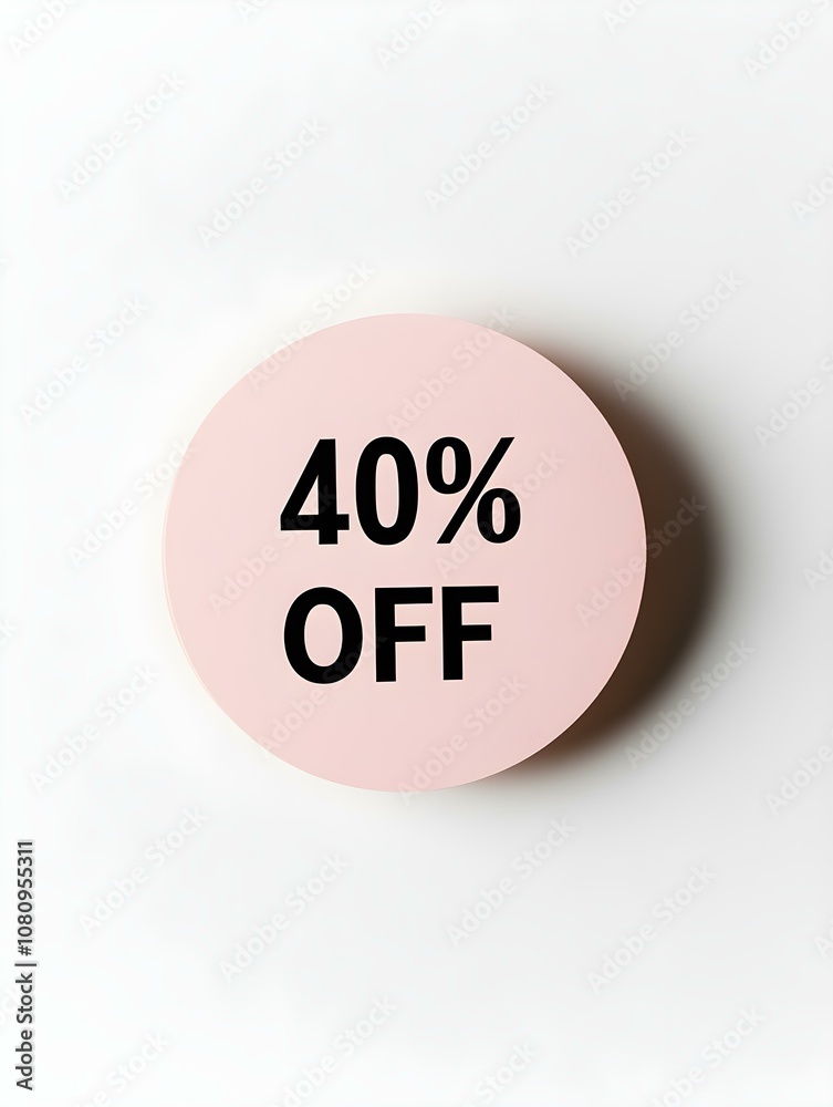 Black '40% OFF' Text on a Blush Round Paper Note. White Background 