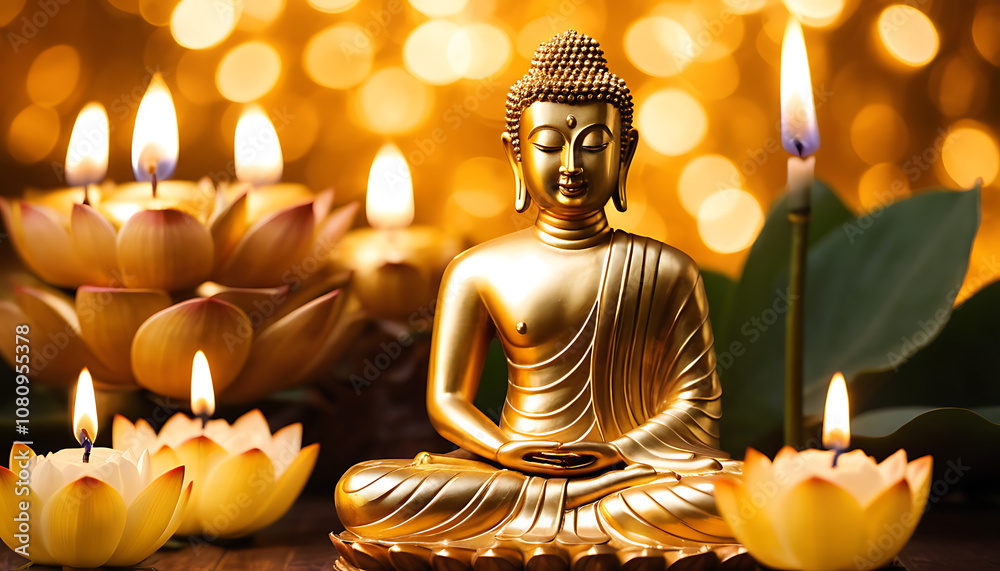 Fototapeta premium Thai golden Buddha statue and lotus flower. heaven background