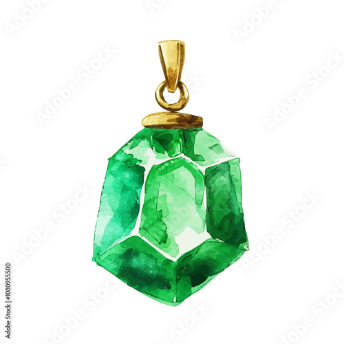 A watercolor drawing of an Emerald Pendant, isolated on a white background. Emerald Pendant vector.