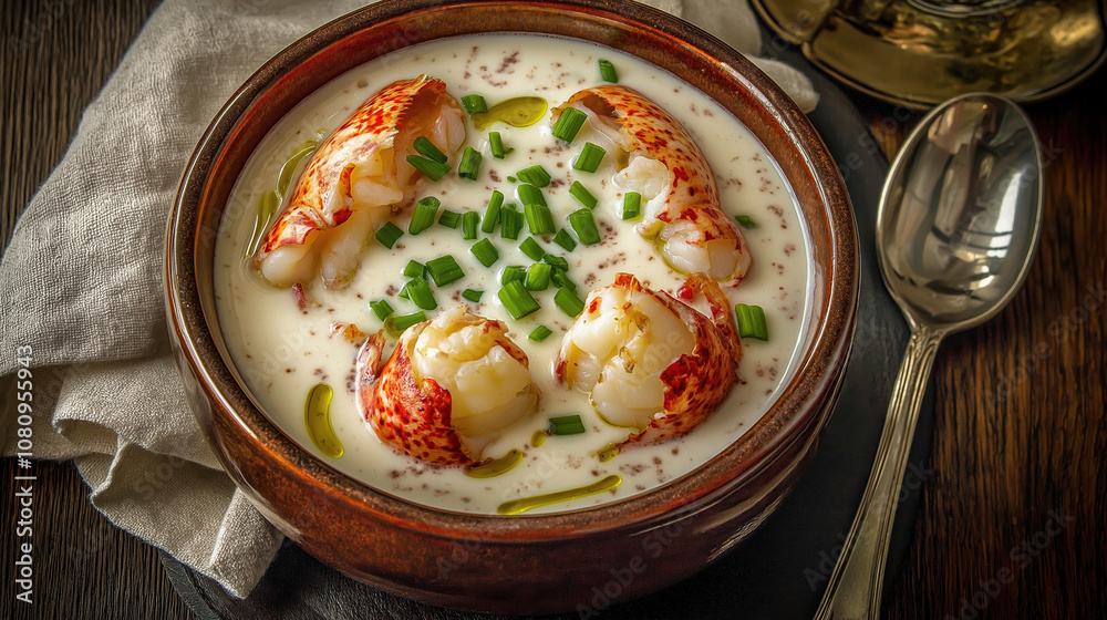 Creamy lobster bisque with fresh chives and olive oil in rustic bowl Creamy lobster bisque with fresh chives and olive oil in rustic bowl