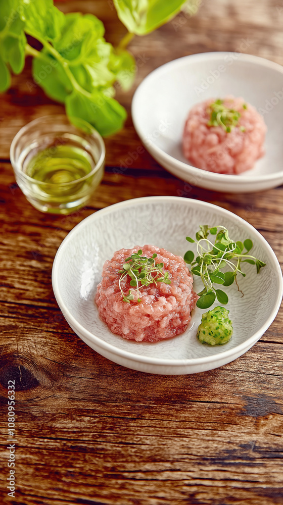 Delicious gourmet tartare with microgreens garnish on rustic wooden table