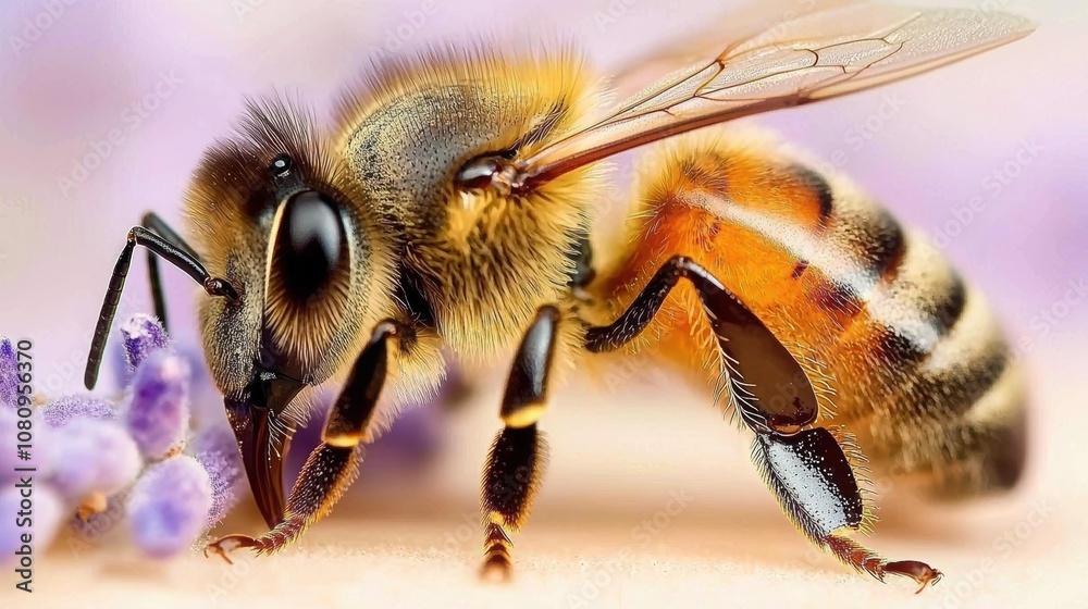 Close-up view of a bee collecting pollen from flowers. Close-up view of a bee collecting pollen from flowers.