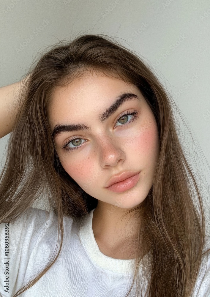 A woman with long brown hair and green eyes is wearing a white shirt A woman with long brown hair and green eyes is wearing a white shirt