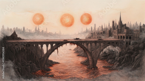 Mysterious gothic landscape with triple suns and ancient bridge photo