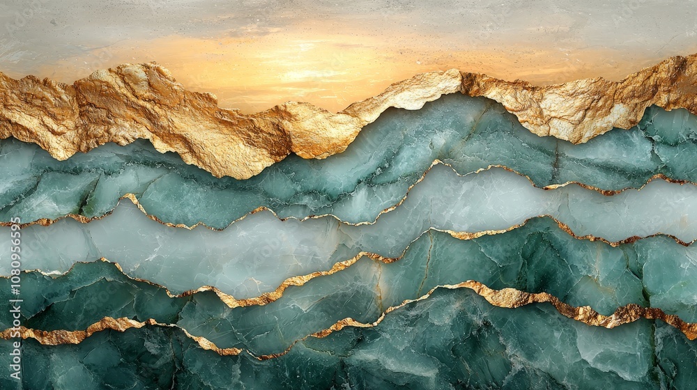 Abstract artwork depicting layered mountains with gold accents and a serene sunset. Abstract artwork depicting layered mountains with gold accents and a serene sunset.