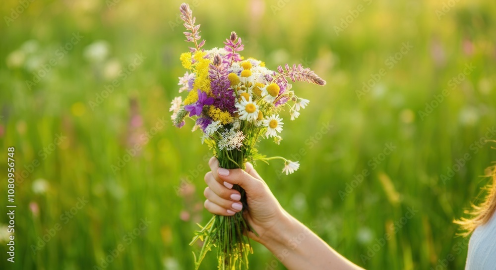 Hand holding vibrant bouquet of wildflowers in sunny meadow Hand holding vibrant bouquet of wildflowers in sunny meadow