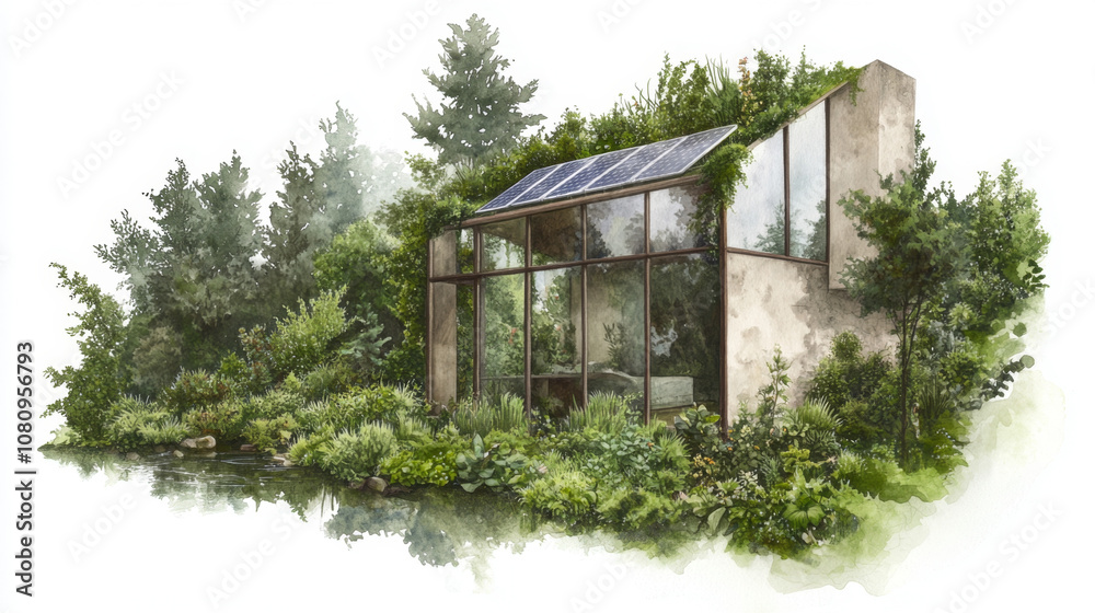 Eco-friendly glass house with solar panels amidst lush greenery by a serene pond Eco-friendly glass house with solar panels amidst lush greenery by a serene pond