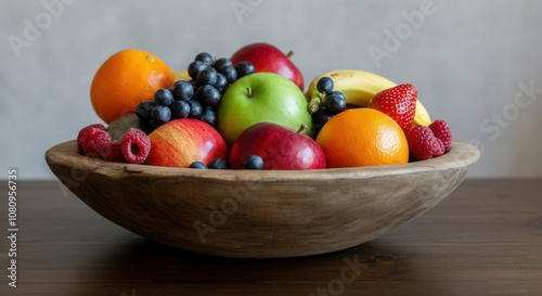 Fresh assorted fruits in wooden bowl on table